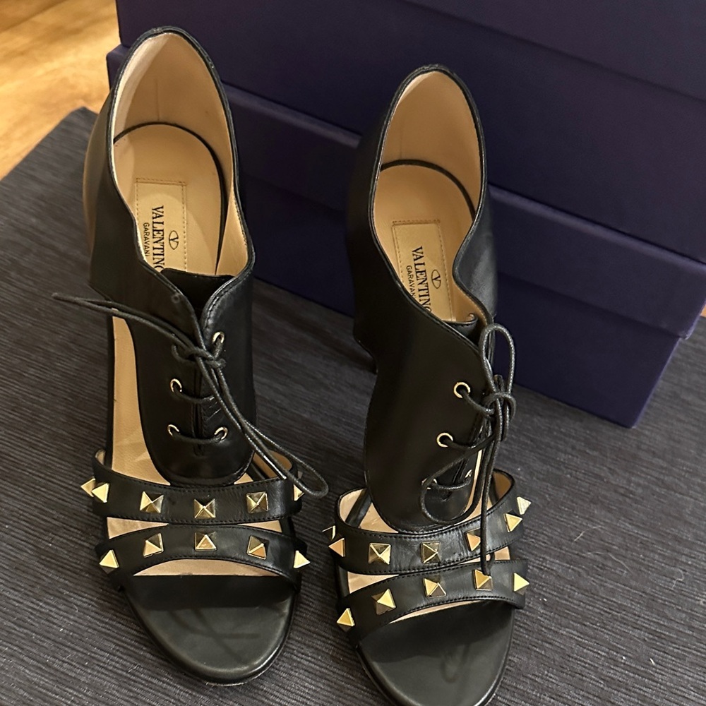 Valentino Black Leather Lace-Up Heels with Gold Pyramid Studs